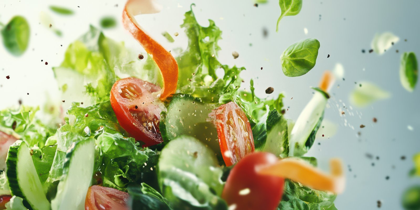 Fresh salad ingredients mix in a vibrant display of color and texture during meal preparation in a bright kitchen